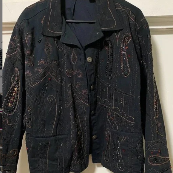 Chico's Design Black Denim Embellished Trucker Jacket sz XL - Picture 3 of 14